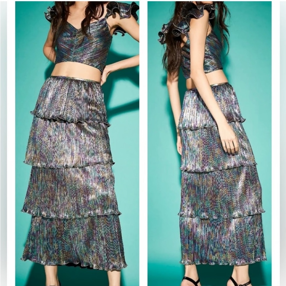 Saylor x Free People Gianna Iridescent Crop Top & Tiered Skirt Two Piece Set S